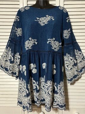 John Mark Navy Blue Tunic with Cream Embroidery